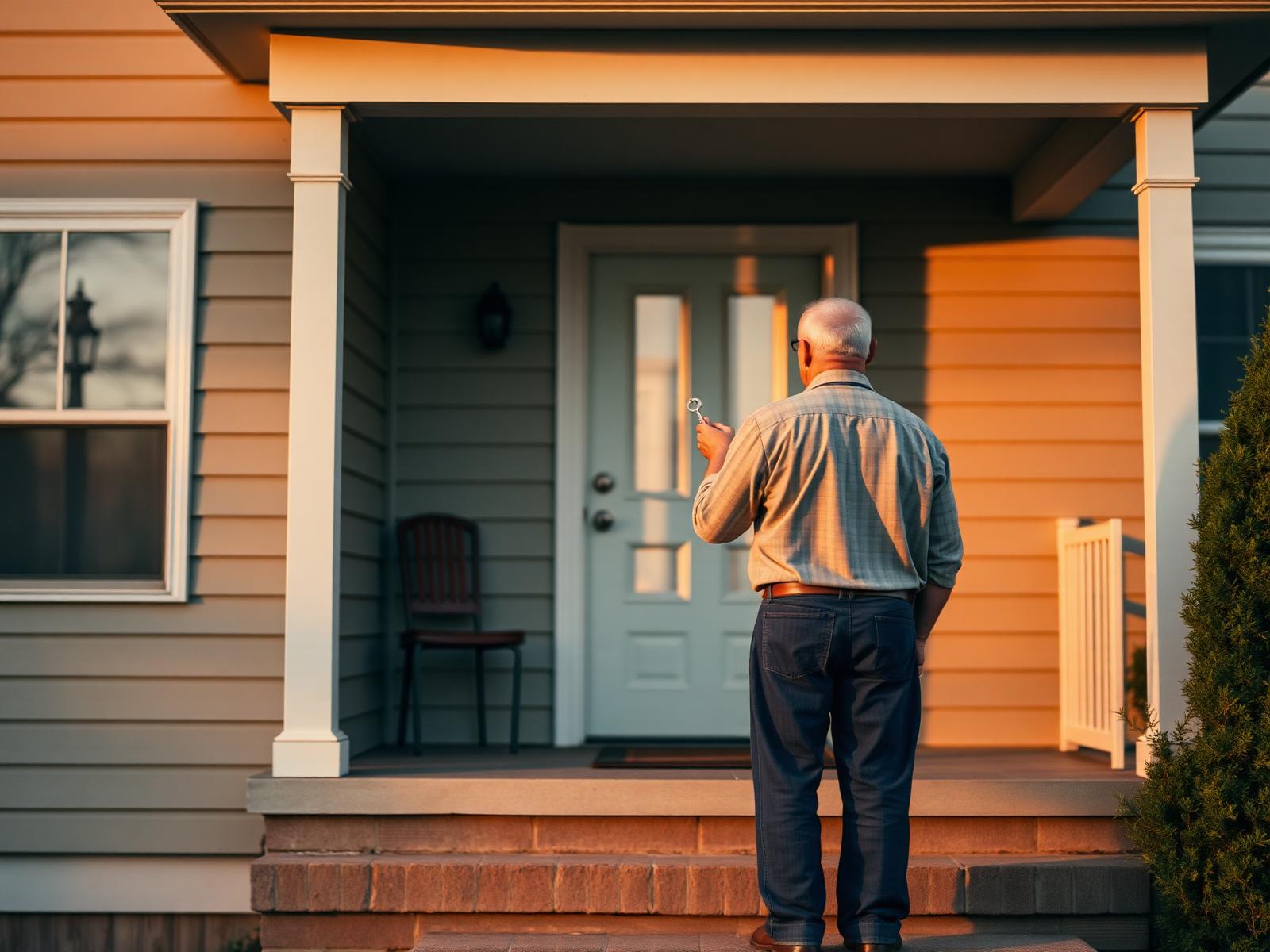 A veteran on the porch of his home, key in hand